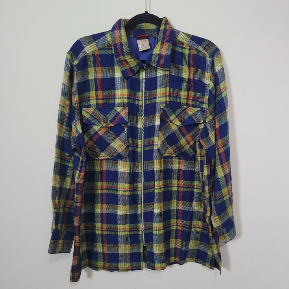 Palmetto's Size Large Zip Up Shirt Jacket Mens Vintage Plaid Blue Green th247